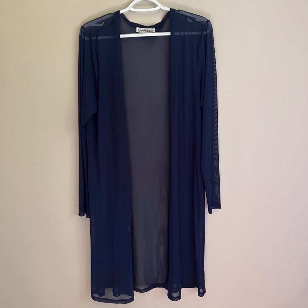 Navy Blue Sheer Mesh Duster Cardigan Longline Open Front 2X Festival Boho